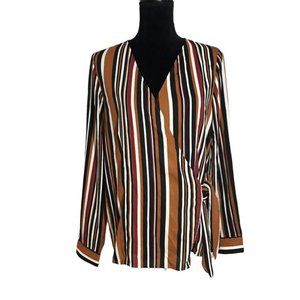 Lulus McKenna Brown Multi Striped Long Sleeve Wrap Top - Size Medium